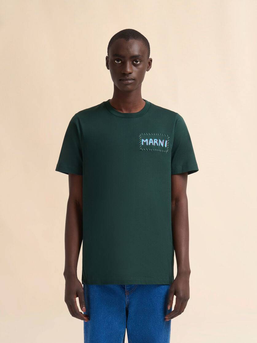 Green organic cotton T-shirt with Marni patch - Shirts - Image 2
