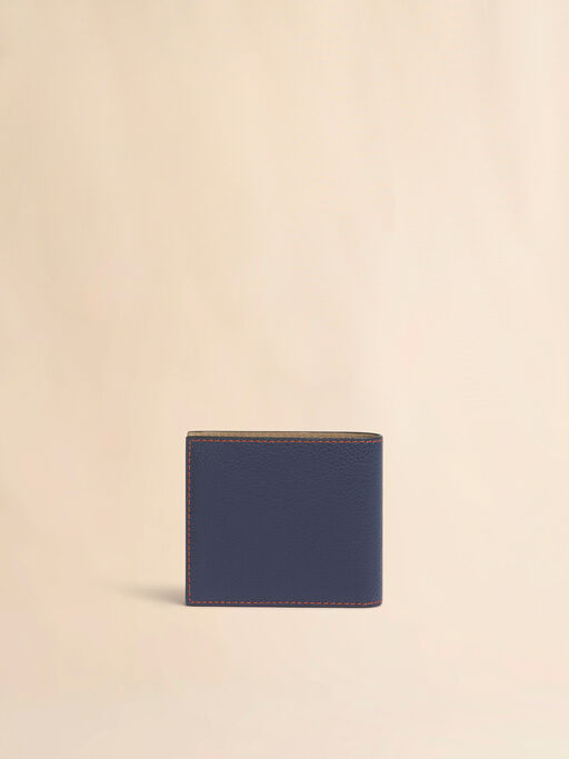 ブルー レザー製二つ折りウォレット、コントラストステッチ入り - 財布
