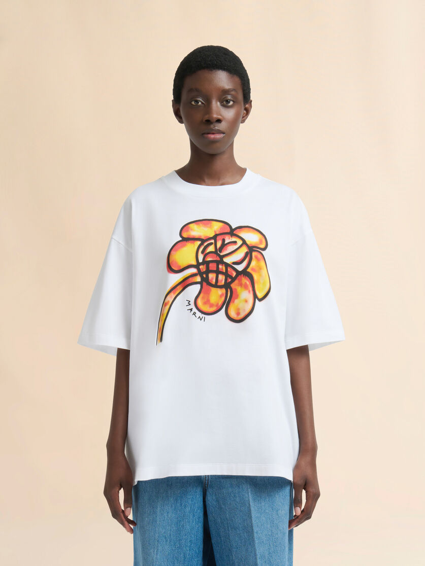 White cotton T-shirt with flower print - T-shirts - Image 2