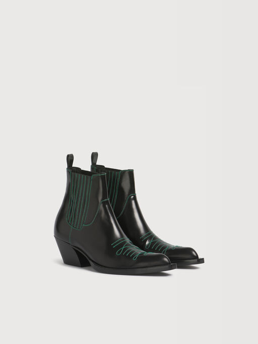 Cowboy-Stiefeletten aus schwarzem Leder mit gr&uuml;nen Ziern&auml;hten - Stiefel