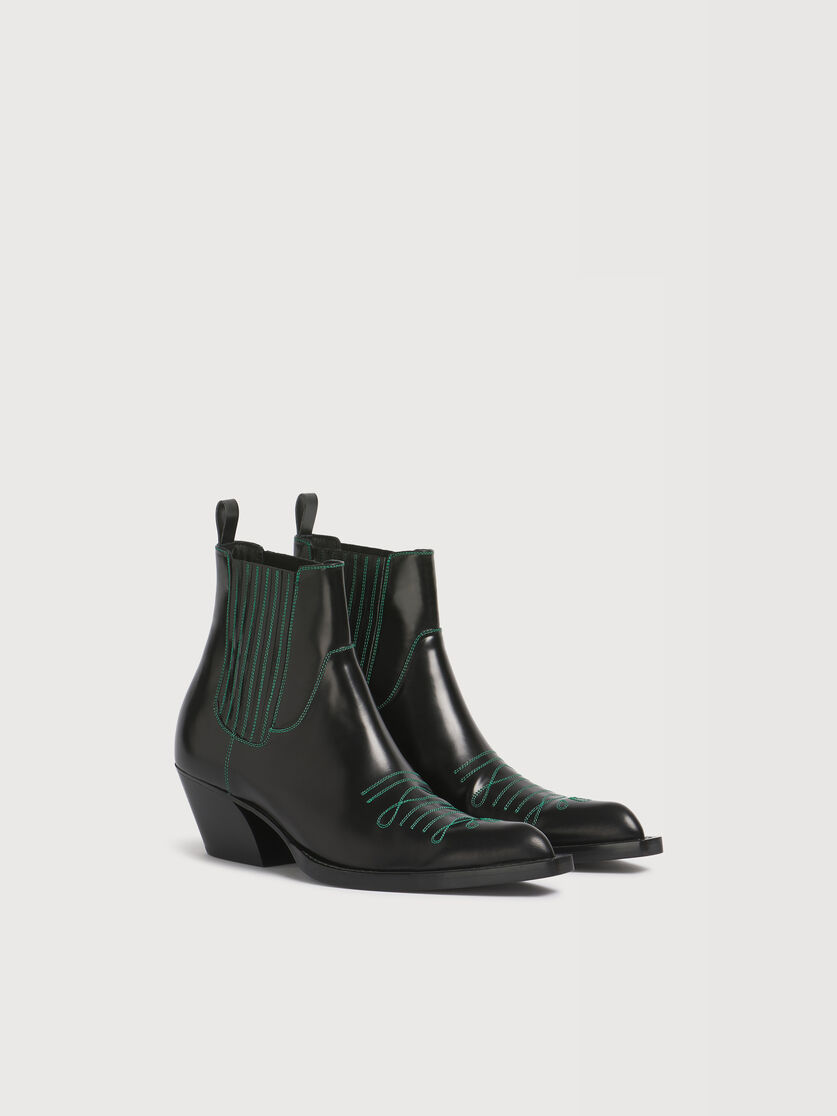 Cowboy-Stiefeletten aus schwarzem Leder mit gr&uuml;nen Ziern&auml;hten, Image 2