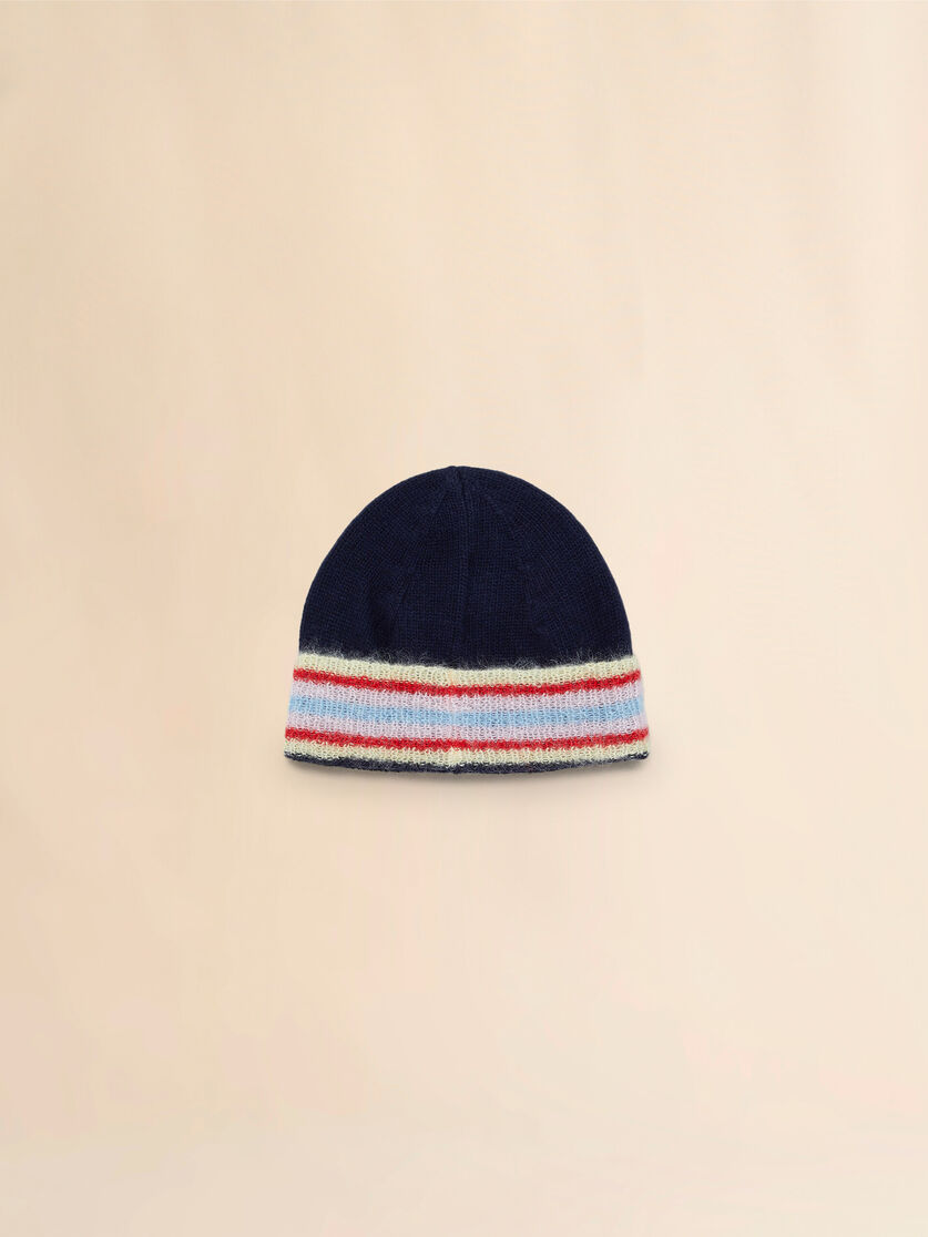 Deep blue wool beanie with striped turn-up - Hats - Image 2