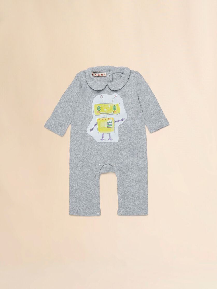 Gray melange cotton romper with Robottini print - Pants - Image 1