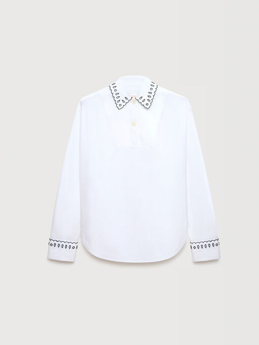 White poplin half-button shirt with broderie anglaise - Shirts