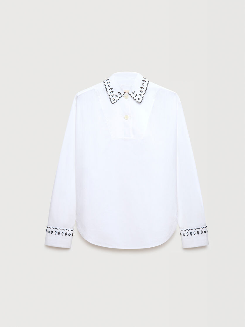 White poplin half-button shirt with broderie anglaise, Image 1