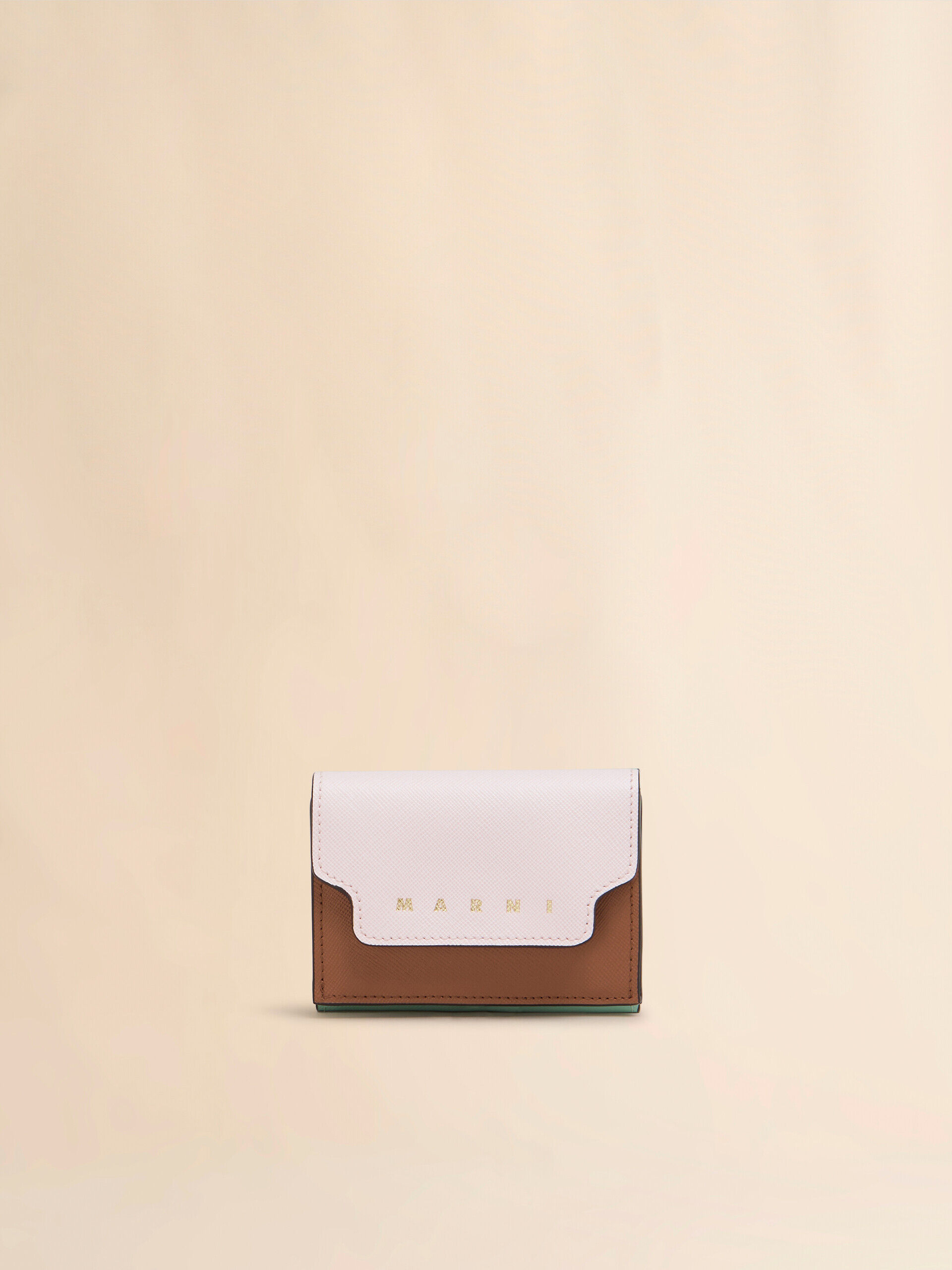 【美品】MARNI 三つ折り財布 サフィアーノ ライトピンク グリーン and ブラウン サフィアーノレザー製三つ折り