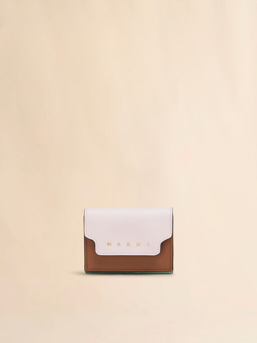 ライトピンク グリーン and ブラウン サフィアーノレザー製三つ折りウォレット - 財布