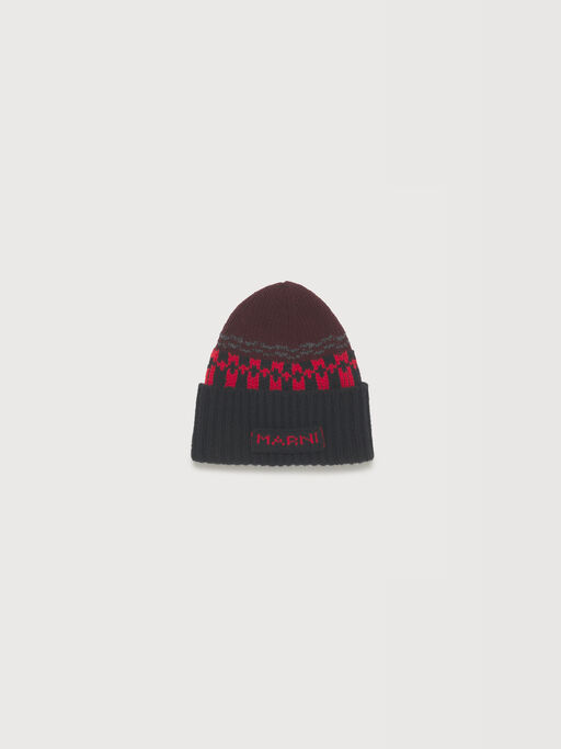 Red wool beanie with geometric motif - Hats