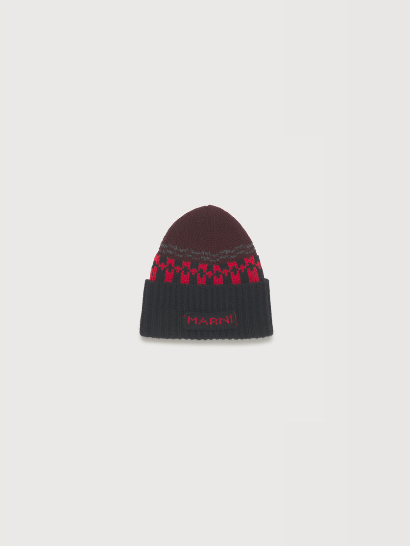 Red wool beanie with geometric motif, Image 1