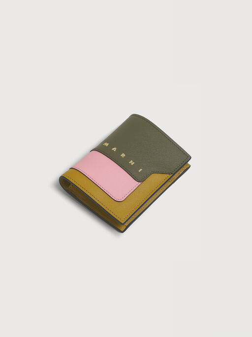 Deep green pink and mustard saffiano leather bi-fold wallet - Wallets