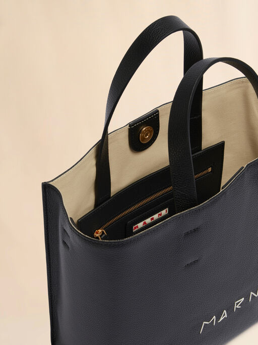 Black leather Museo Soft tote Bag with Marni Symbol embroidery - Shopping Bags