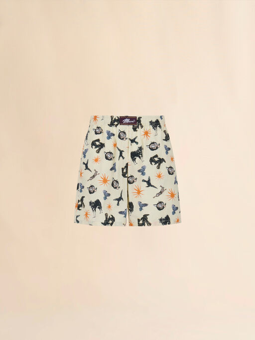 Cream poplin Bermuda shorts with Wolves, Ravens and Doves print - Swimwear
