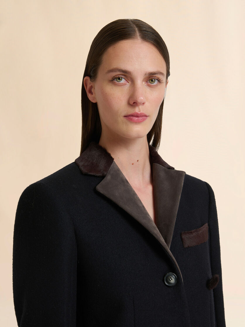 Black wool felt coat with leather details - Coats - Image 4