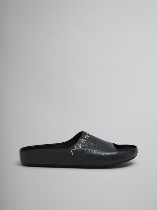 Black leather Fusslide sandal with Marni Mending embroidery - Sandals