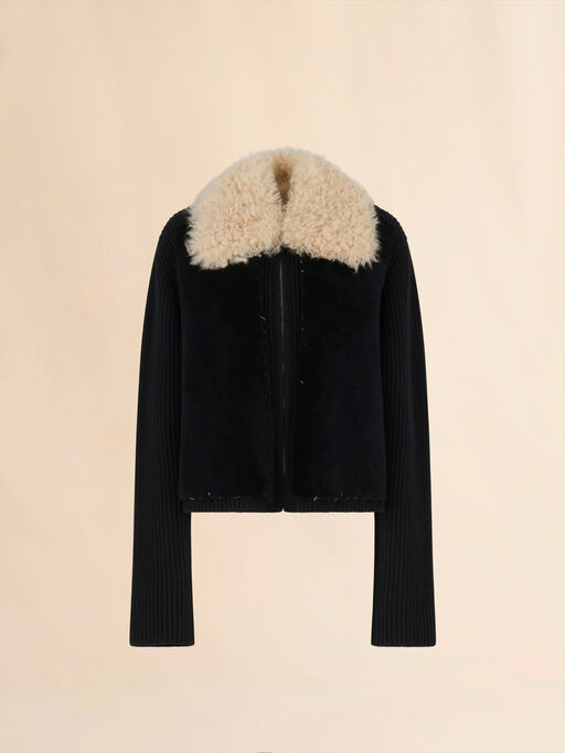 Black wool cardigan with shearling patches - Jackets