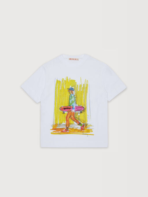 White cotton T-shirt with maxi skater print - T-shirts
