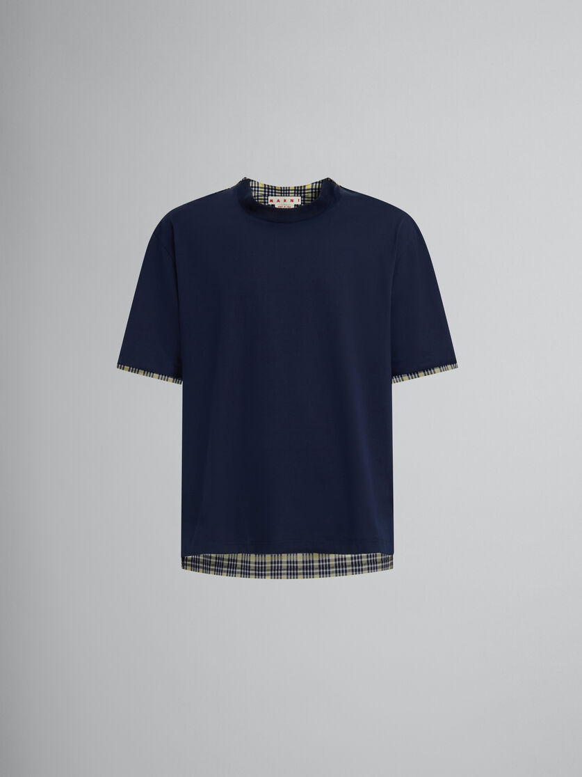 Deep blue organic cotton T-shirt with checked back - T-shirts - Image 1