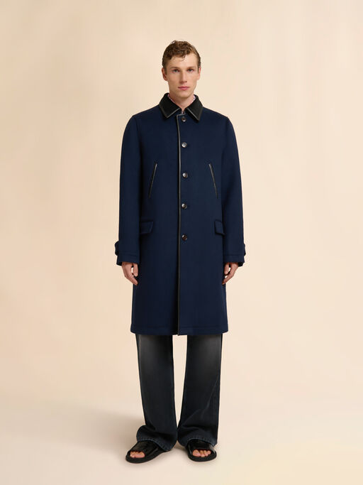 Deep blue felt duster coat with contrast collar - Coats