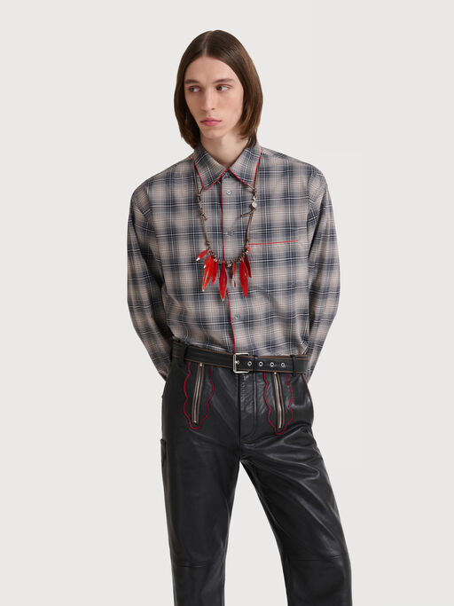 Beige e light brown checked poplin shirt with contrast piping - Shirts