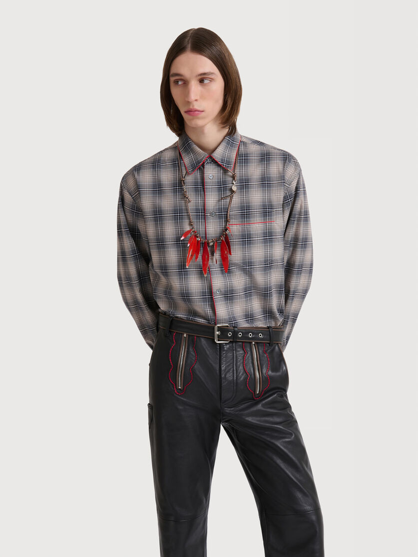 Beige e light brown checked poplin shirt with contrast piping, Image 2