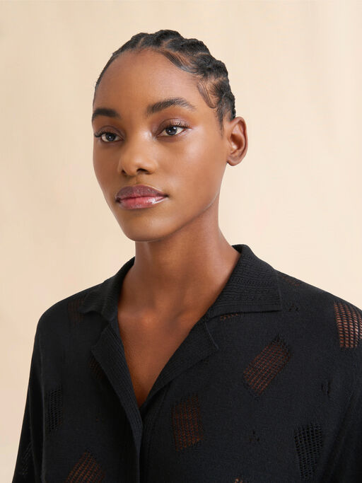 Black wool-silk knit openwork shirt - Shirts