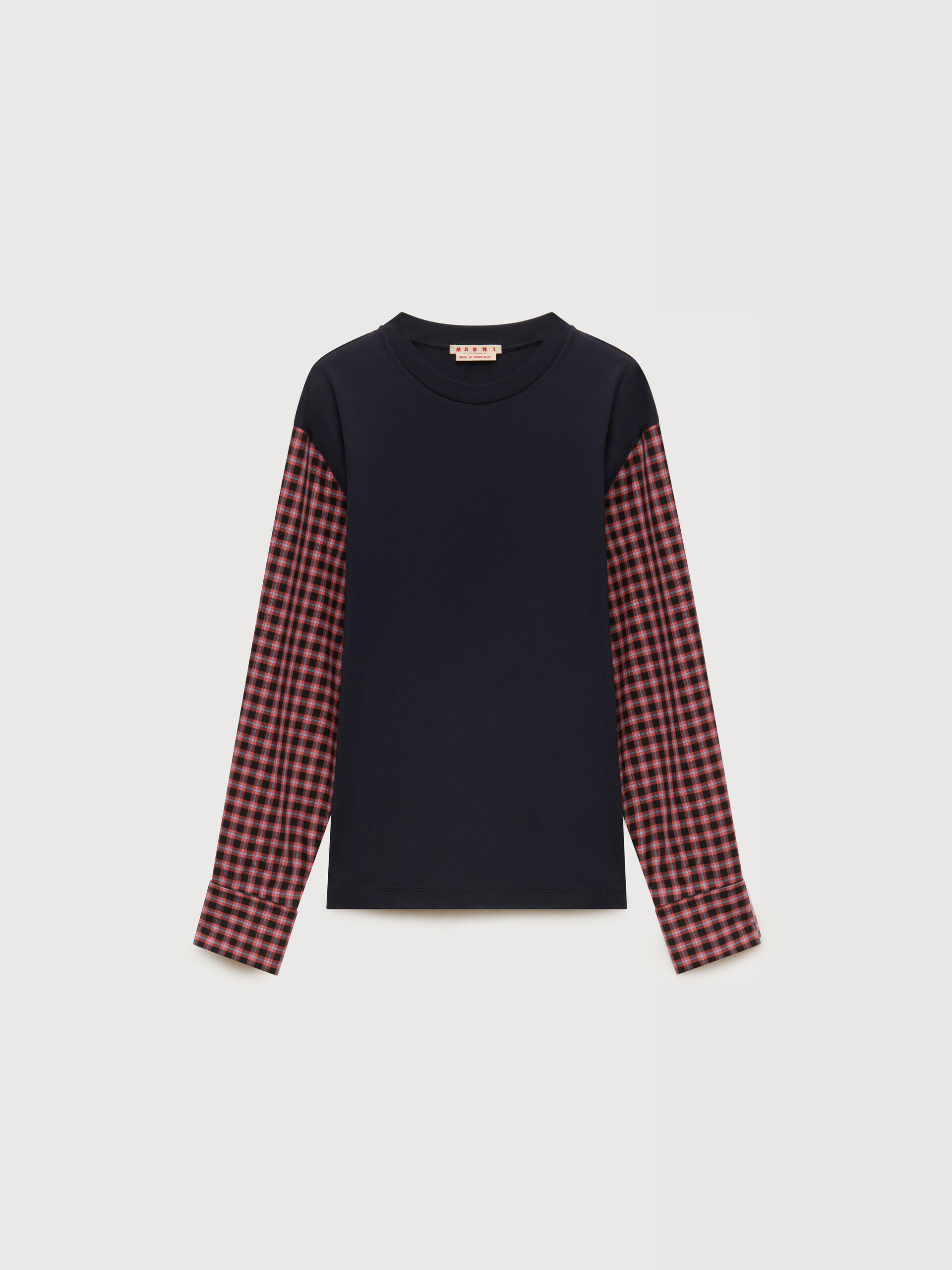 Marni Donna Blu T-Shirt In Cotone Scuro Con Maniche A Quadri