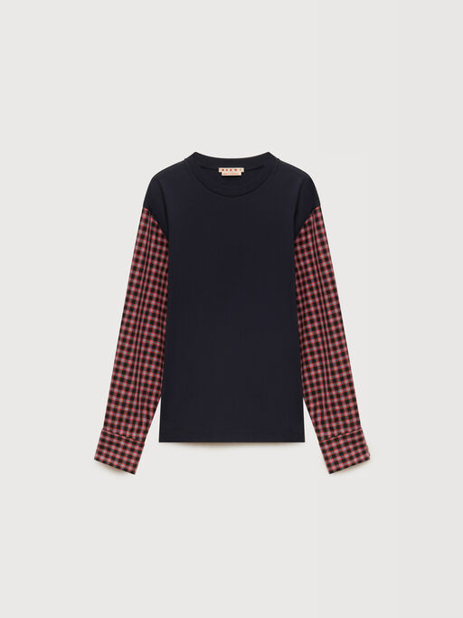 Deep blue cotton T-shirt with checked shirt sleeves - T-shirts