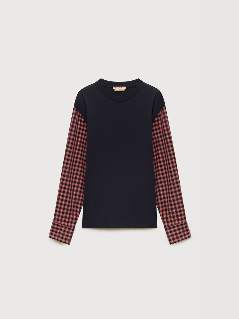 Deep blue cotton T-shirt with checked shirt sleeves, Image 1