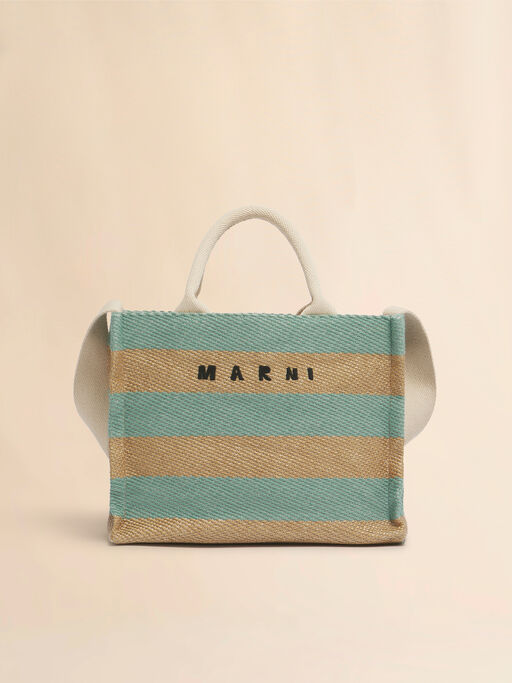 ブルー ナチュラル ストライプ柄ラフィアエフェクトスモール トートバッグ、刺繍ロゴ入り - ショッピングバッグ
