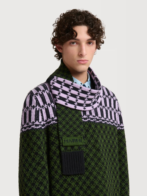 Green and purple wool scarf with geometric motif - Scarves