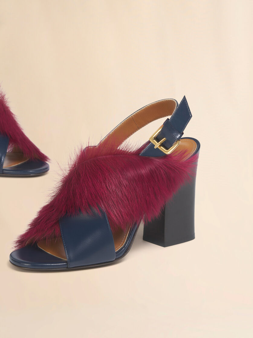 Blue and burgundy leather and long-hair heeled criss-cross sandal, Image 4