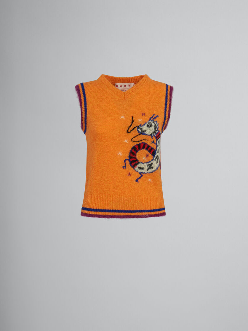 Orange wool-cashmere sleeveless jumper with jacquard dragon | Marni