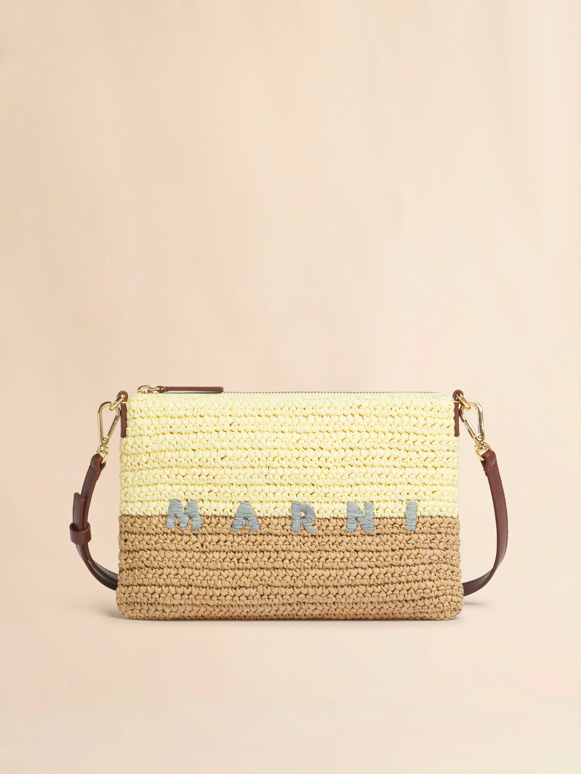 Yellow and brown paper raffia Seaside pouch | Marni