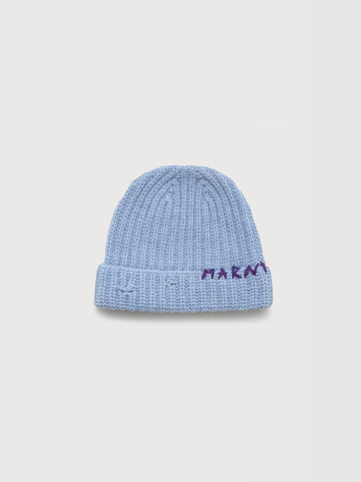 Blue Shetland wool beanie with Marni Mending - Hats