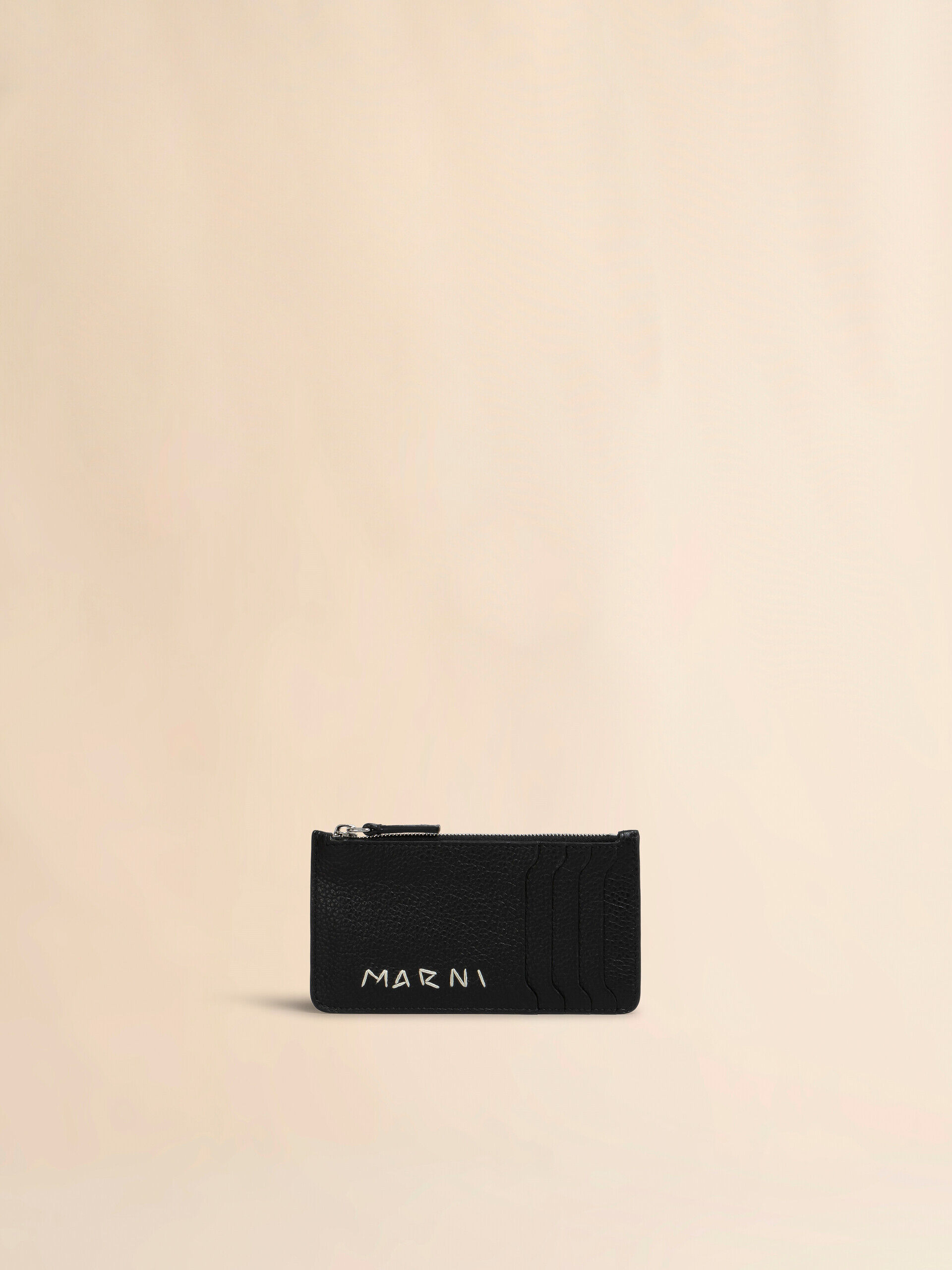 Black leather card case with Marni Mending embroidery | Marni