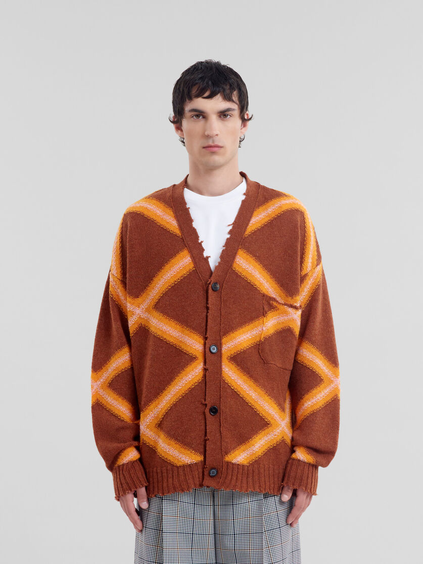ブラウン ブロークンウール製 カーディガン、アーガイルモチーフ | Marni