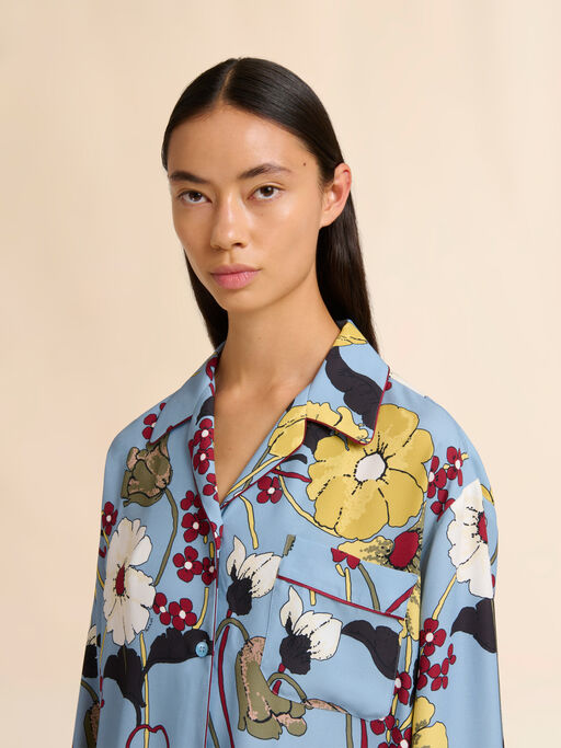 Blue envers satin pyjama shirt with Melodia print - Shirts