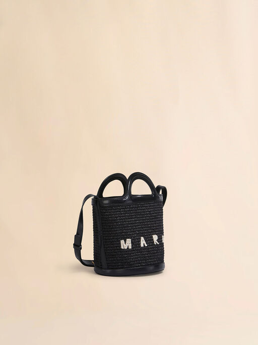 Tropicalia Small Bucket Bag in black leather and raffia-effect fabric - Shoulder Bag
