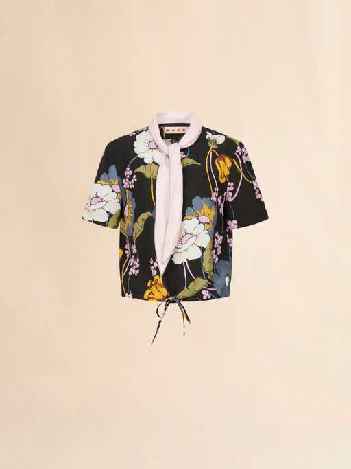 Melodiaプリント ブラック エンヴァースサテントップ - シャツ