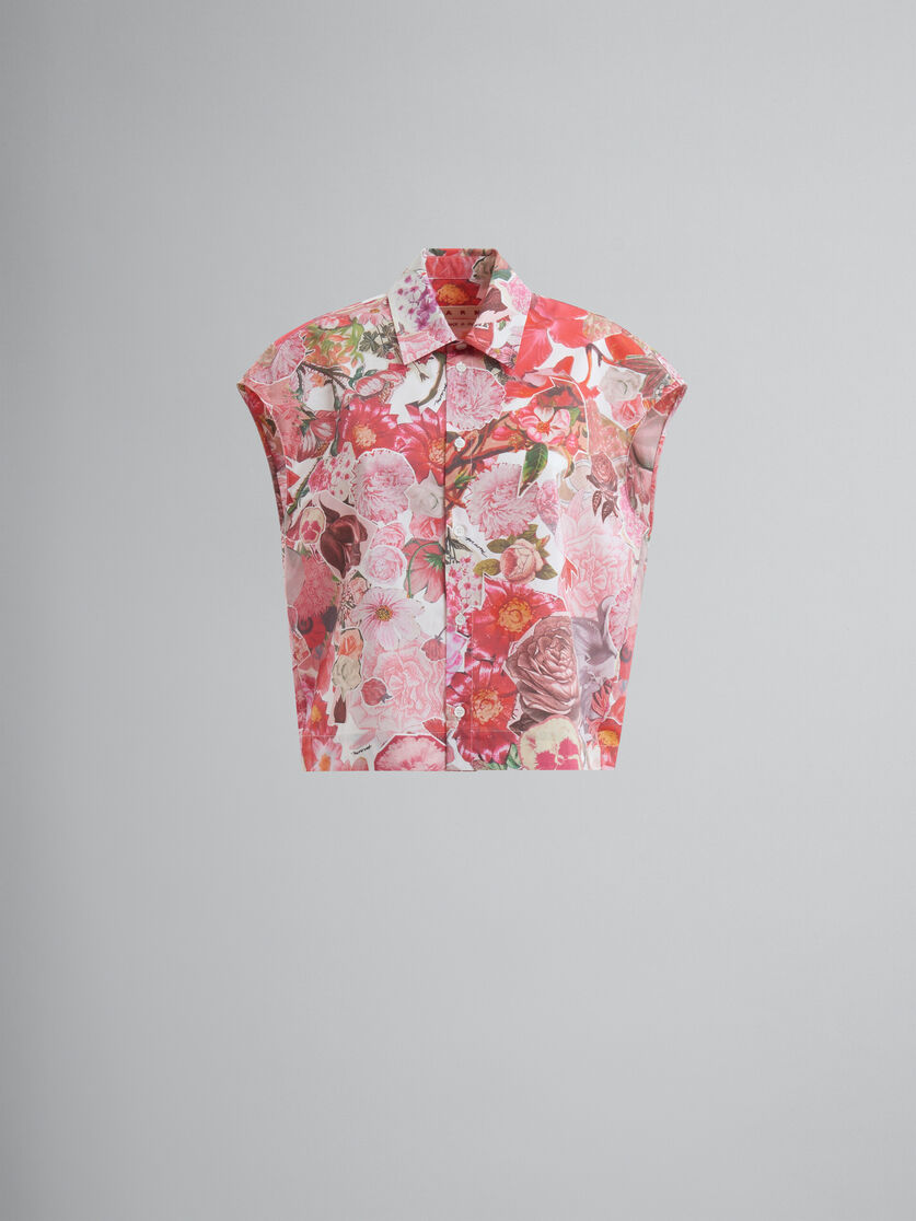Camicia smanicata in cotone rosa con stampa Requiem a fiori - Camicie - Image 1
