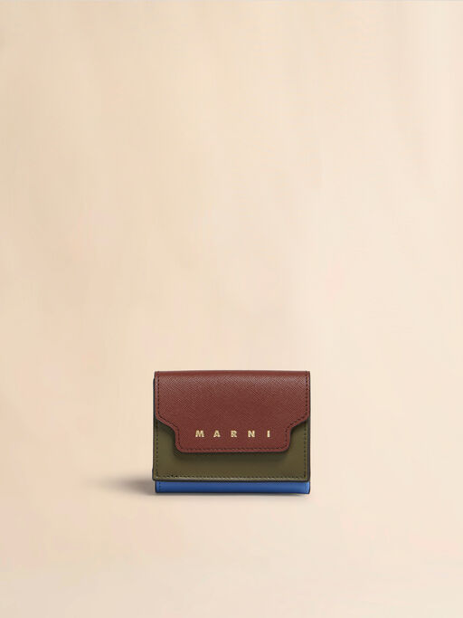 ブラウン ディープグリーン ブルー サフィアーノレザー製三つ折りウォレット - 財布