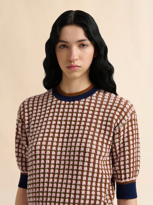 Pink and brown boucl&eacute; tweed-effect jumper - Pullovers