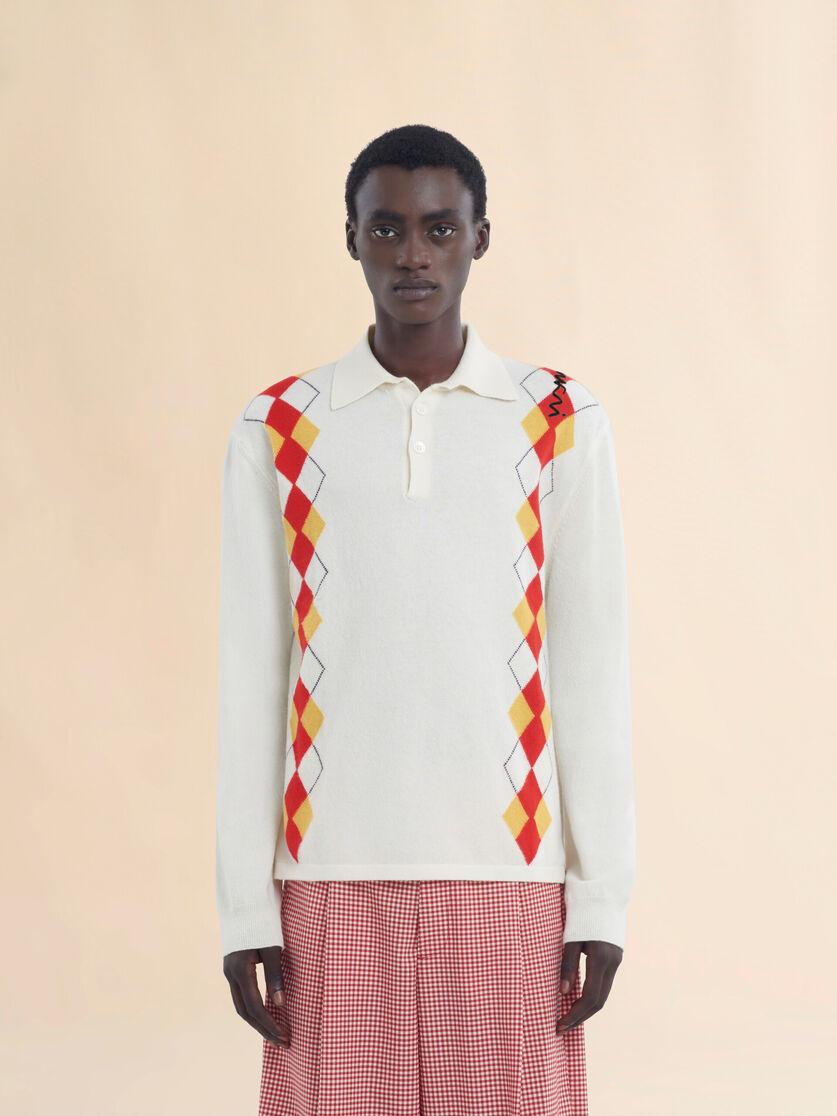 Long sleeved ivory polo shirt with intarsia Argyle detail - Shirts - Image 2