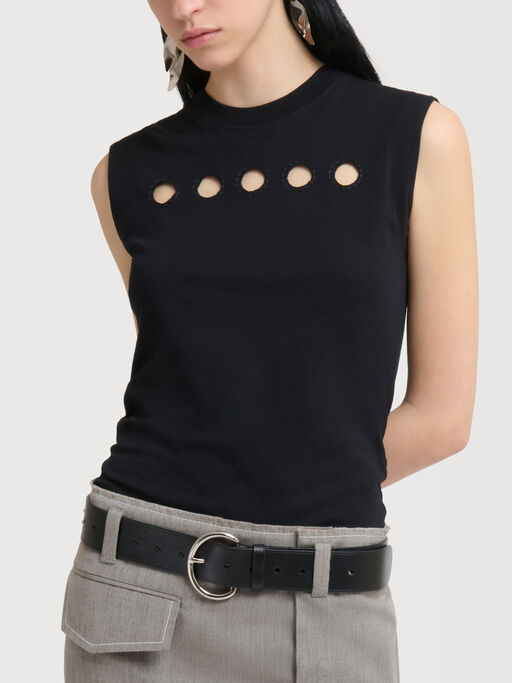 Black cotton sleeveless T-shirt with cut-out polka dots - T-shirts