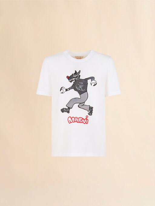 White cotton T-shirt with wolf print - Shirts