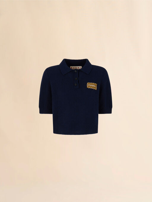Maglione polo in cashmere blu scuro con applicazione Marni - Camicie