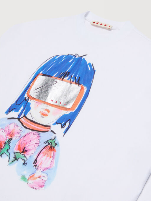 White long-sleeved cotton T-shirt with goggle girl print - T-shirts