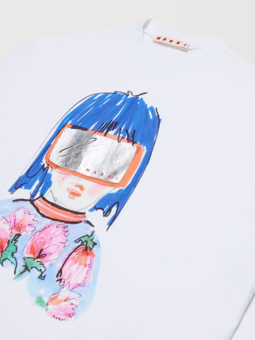 White long-sleeved cotton T-shirt with goggle girl print, Image 3