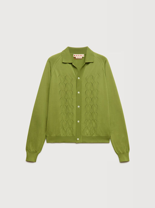 Green techno knit cardigan with polo collar - Pullovers