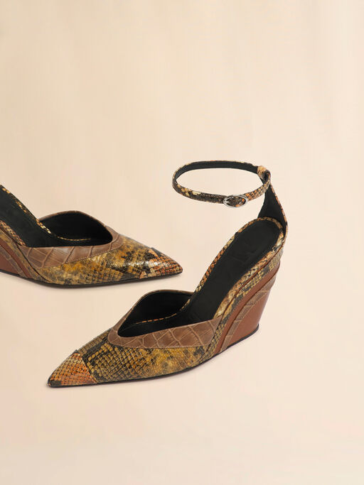 Braune Lederpumps mit Animalier-Print-Mix - Pumps